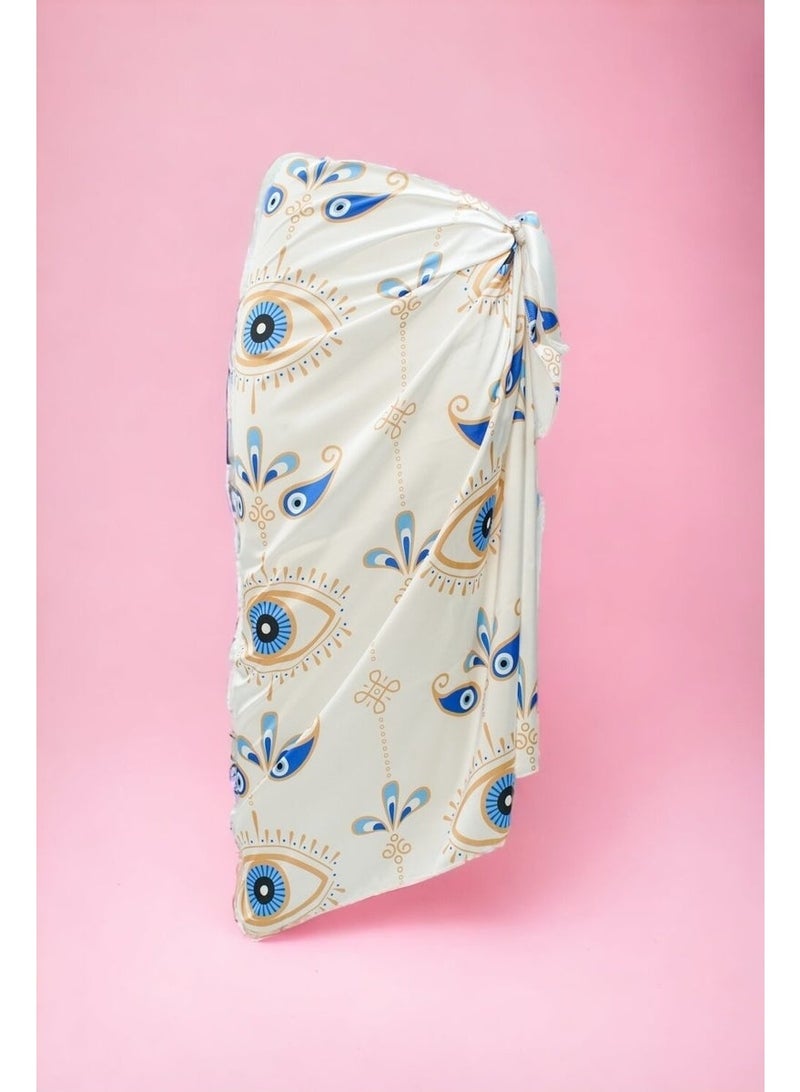 Pistore White Eye Patterned Long Pareo Satin Women's Beach Dress New Season - Image 3